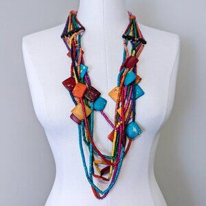 Vintage 80s Colourful Statement Necklace Long Beaded Retro Multi Strand Layered